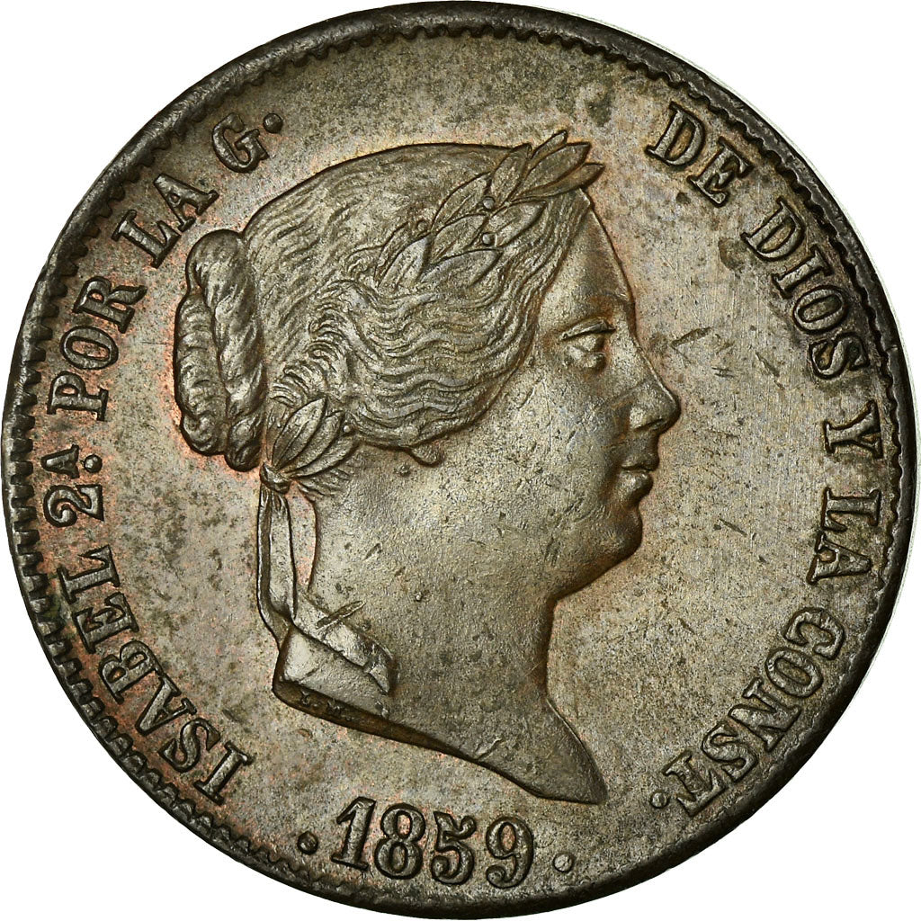 Coin, Spain, Isabel II, 25 Centimos, 1859, Segovia, AU(55-58), Copper, KM:615.2