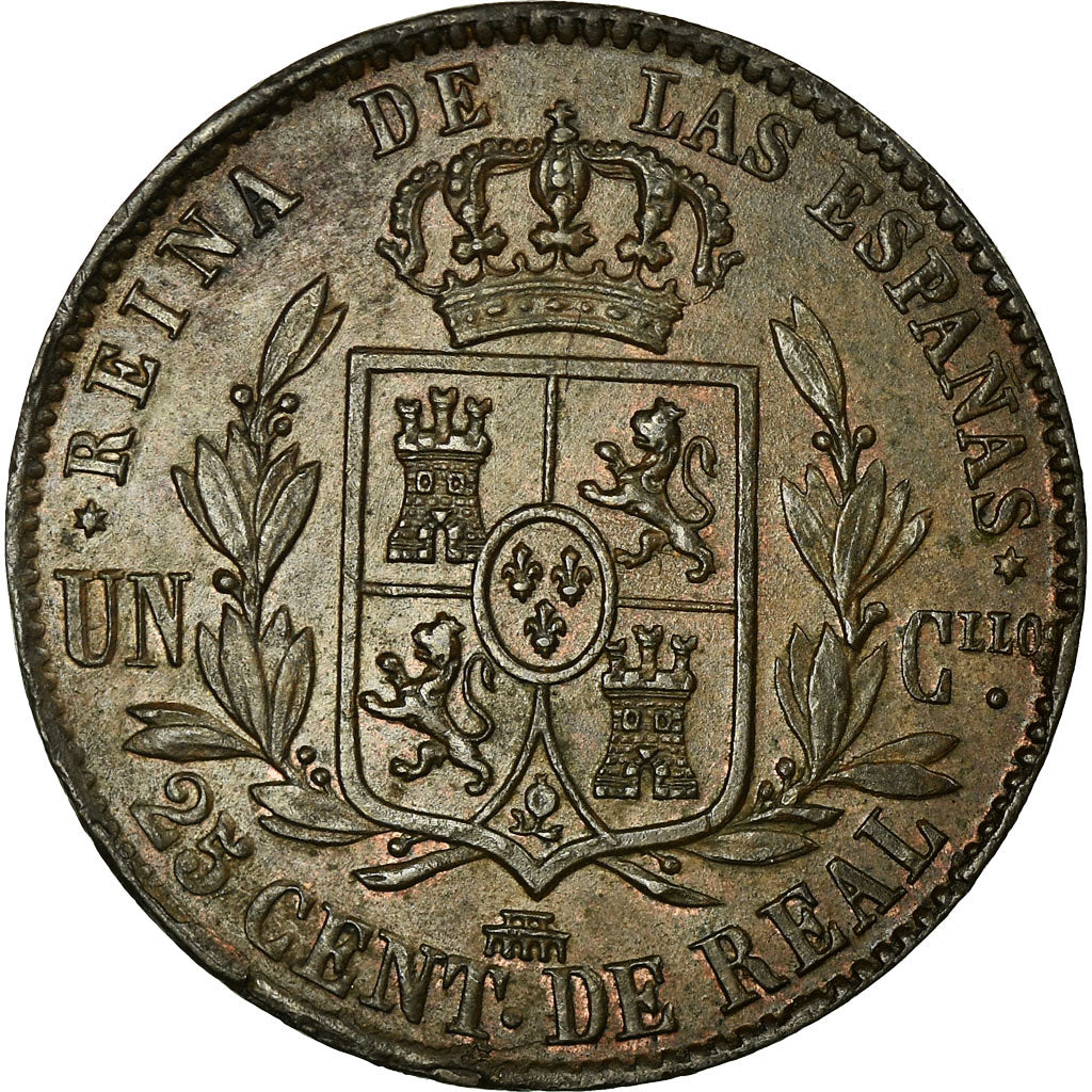 Coin, Spain, Isabel II, 25 Centimos, 1859, Segovia, AU(55-58), Copper, KM:615.2