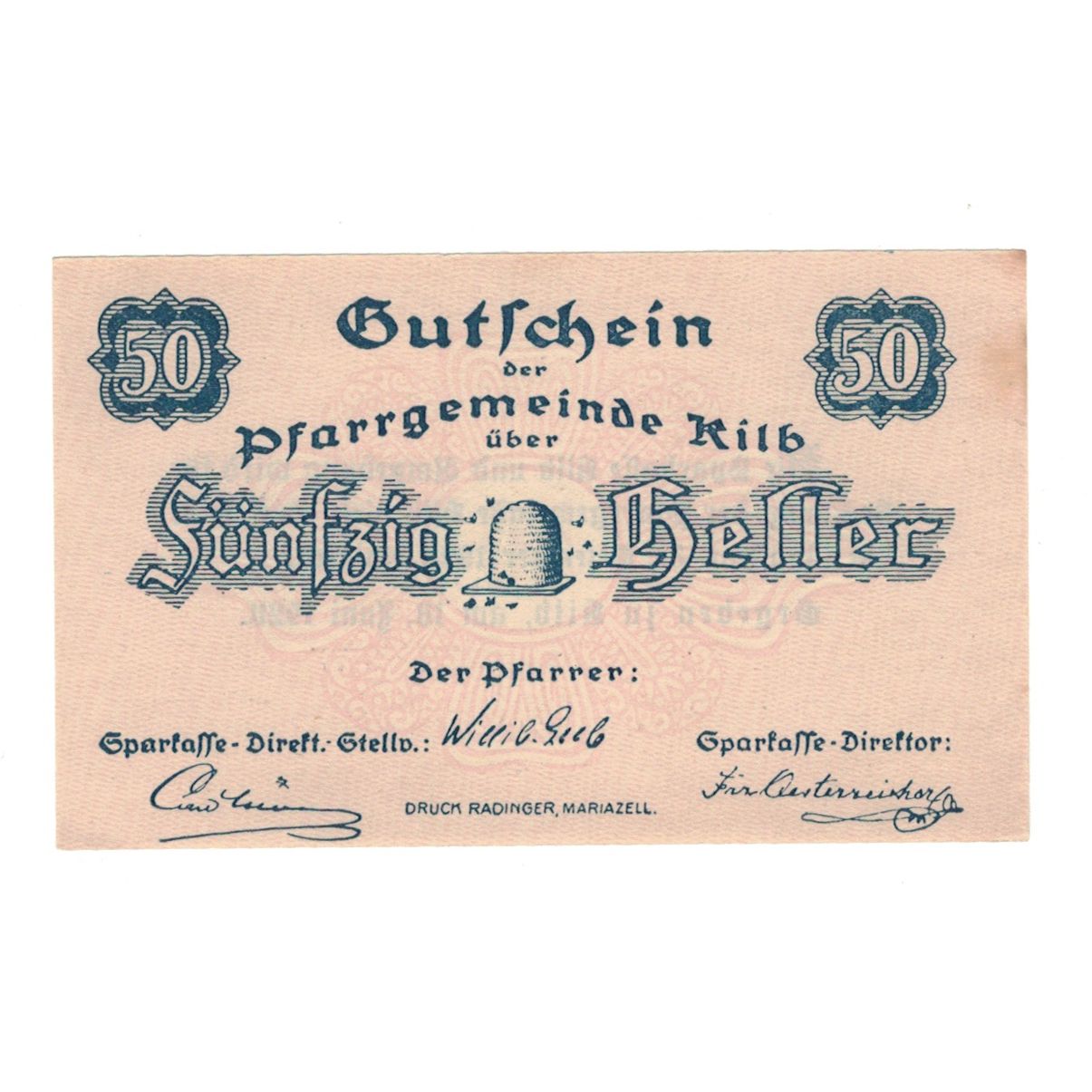 Banknote, Austria, Kilb N.Ö. Prv. Pfarrgemeinde, 50 Heller, Texte, 1920