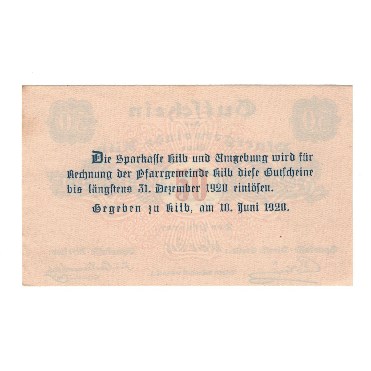 Banknote, Austria, Kilb N.Ö. Prv. Pfarrgemeinde, 50 Heller, Texte, 1920
