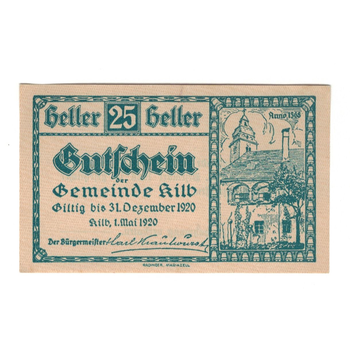 Banknote, Austria, Kilb N.Ö. Prv. Pfarrgemeinde, 25 Heller, Texte, 1920