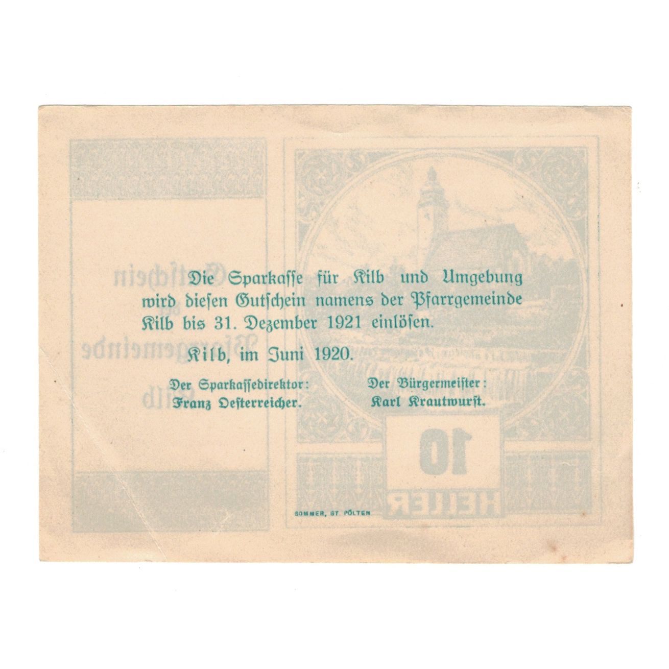 Nota, Áustria, Kilb N.Ö. Prv. Pfarrgemeinde, 10 Heller, Texte, 1920