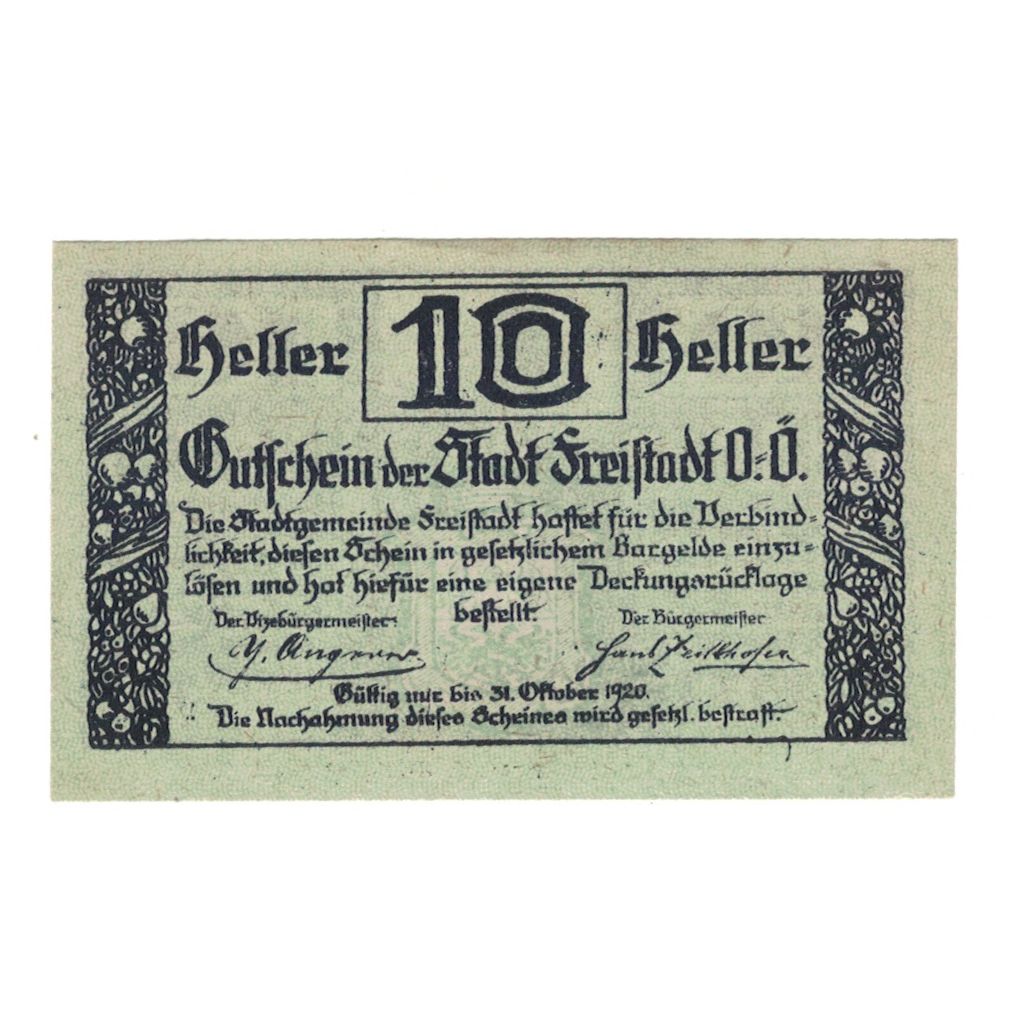 Banknote, Austria, Freistadt O.Ö. Stadtgemeinde, 10 Heller, village, 1920