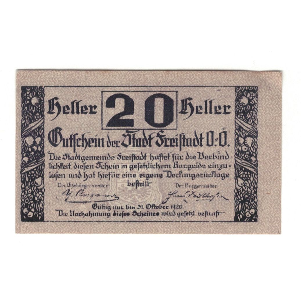 Banconote, Austria, Freistadt O.Ö. Stadtgemeinde, 20 Heller, village, 1920