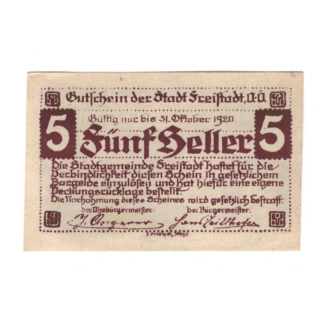 Banknote, Austria, Freistadt O.Ö. Stadtgemeinde, 5 Heller, village, 1920