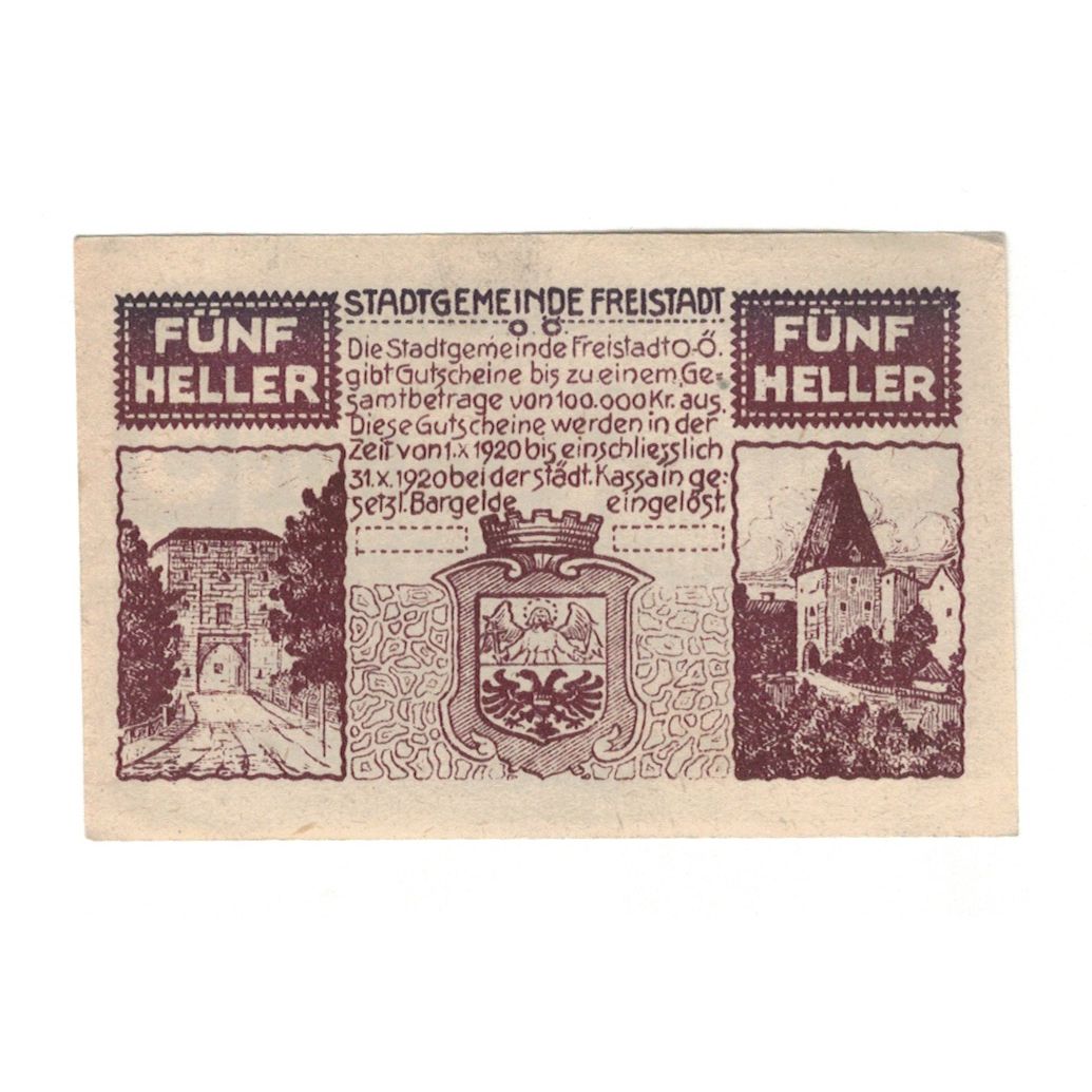 Banknote, Austria, Freistadt O.Ö. Stadtgemeinde, 5 Heller, village, 1920
