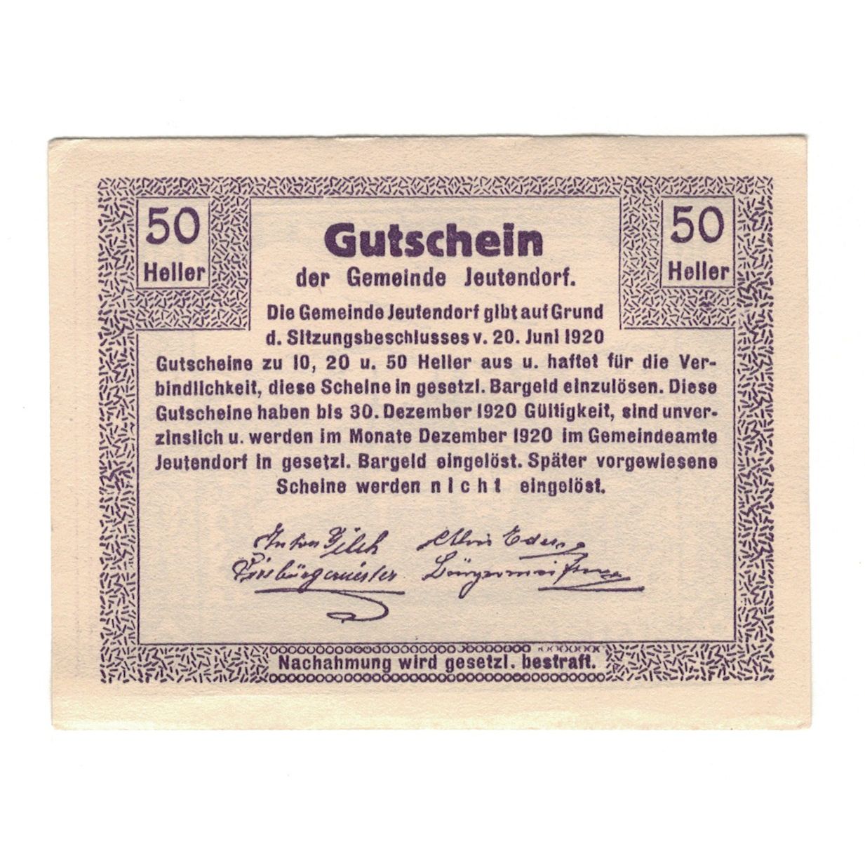 Banknote, Austria, Jeutendorf N.Ö. Gemeinde, 50 Heller, château, 1920