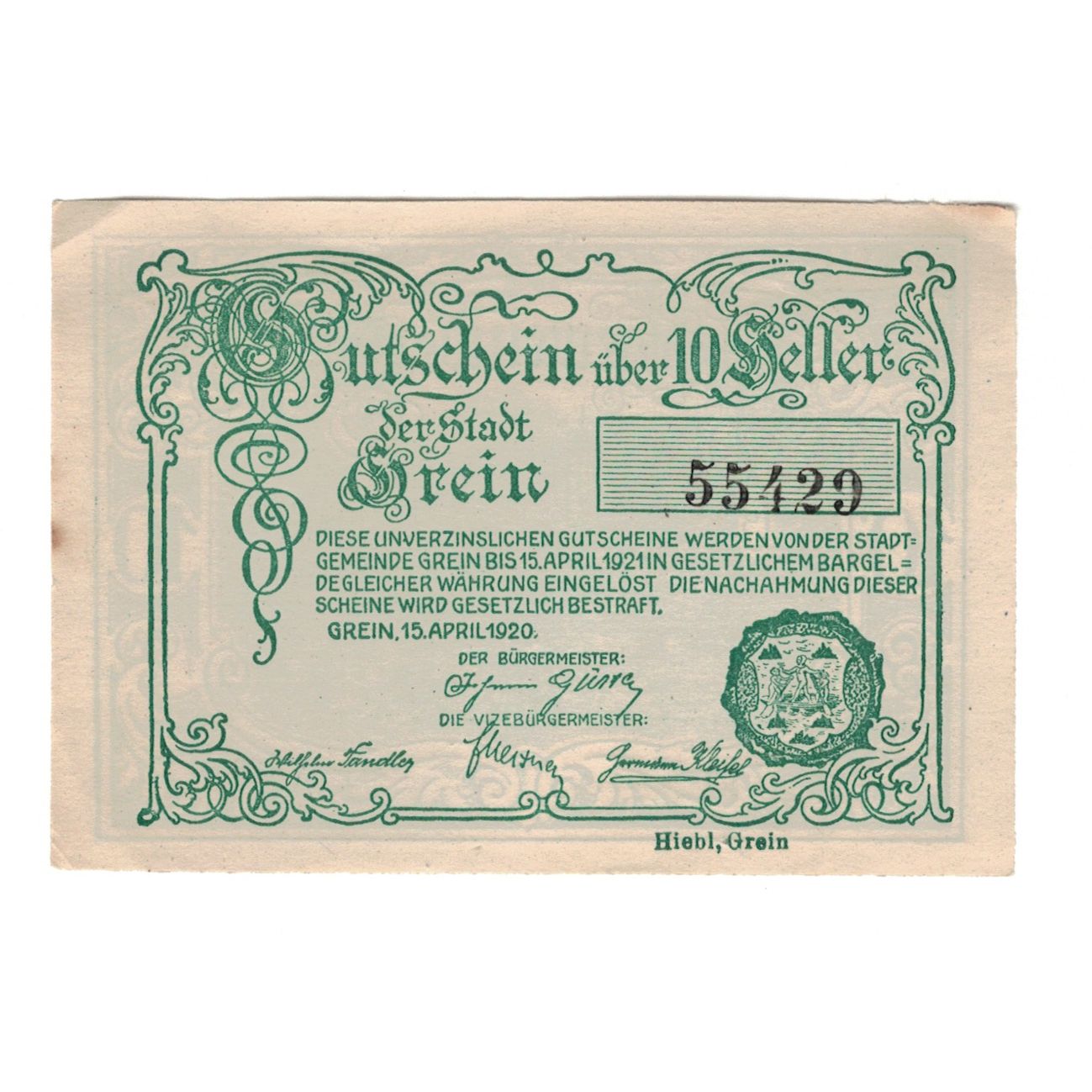 Banknote, Austria, Grein O.Ö. Stadtgemeinde, 10 Heller, paysage, 1920