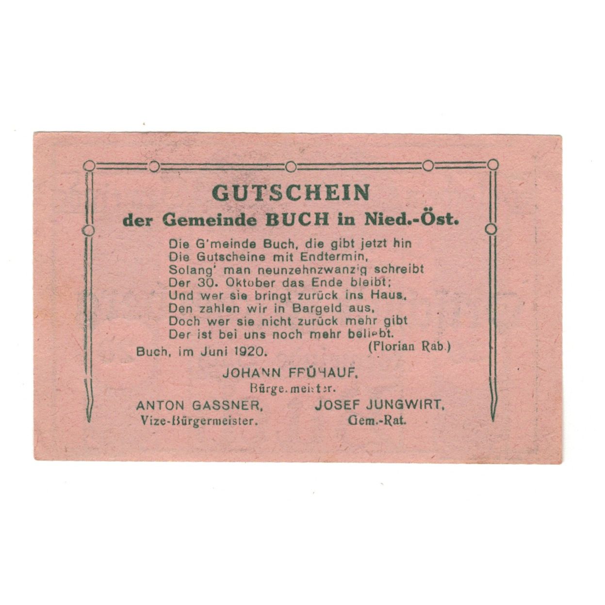 Banknote, Austria, Buch N.Ö. Gemeinde, 20 Heller, Texte, 1920, 1920-10-31