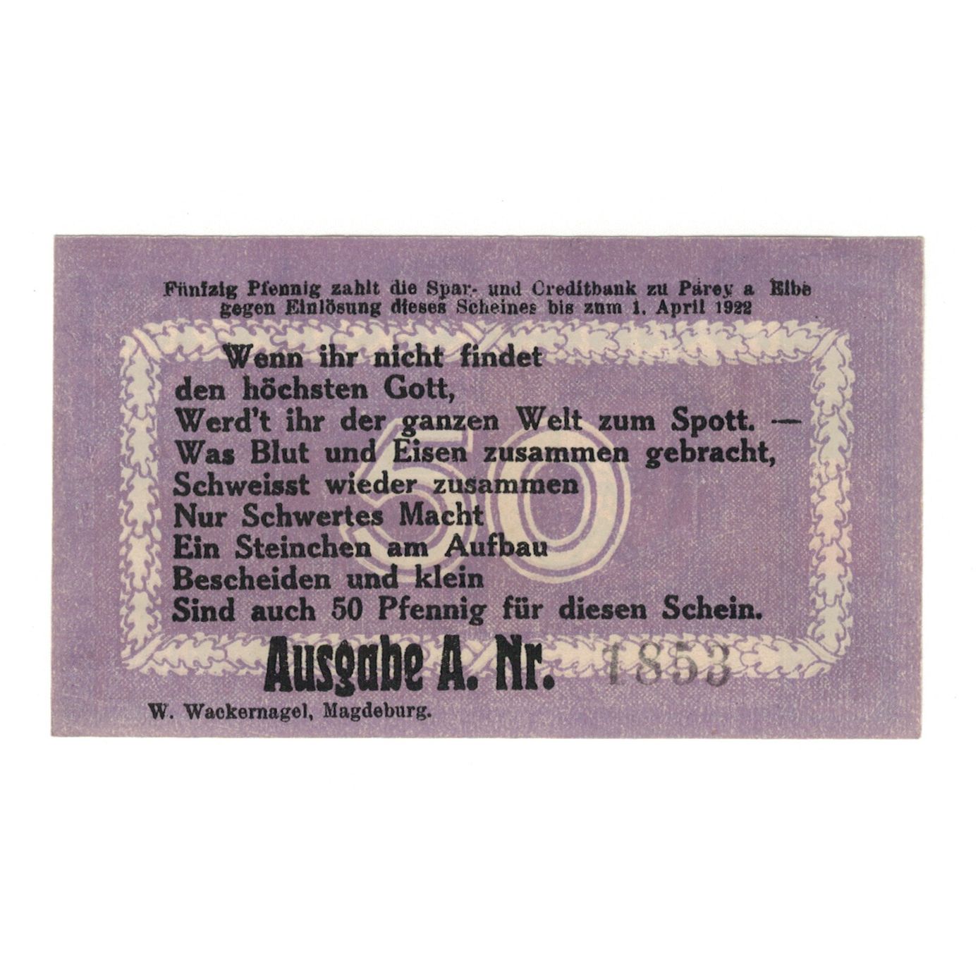 Banknote, Germany, Parey a.d. Elbe Spar und Creditbank, 50 Pfennig, Texte, 1921