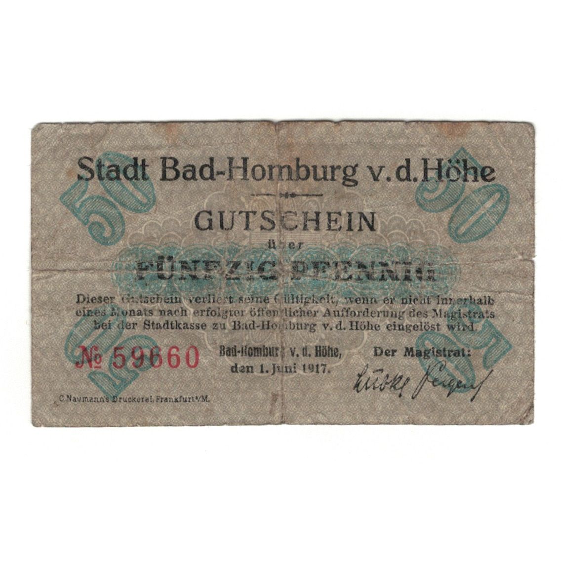 Banknote, Germany, Homburg v.d.H Bad Stadt, 50 Pfennig, Batiment, 1917