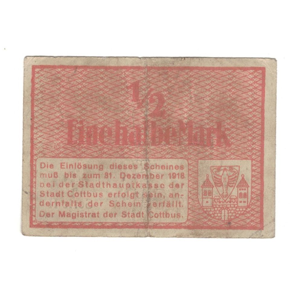 Nota, Alemanha, Cottbus Stadt, 1/2 Mark, valeur faciale, 1918, 1918-12-31