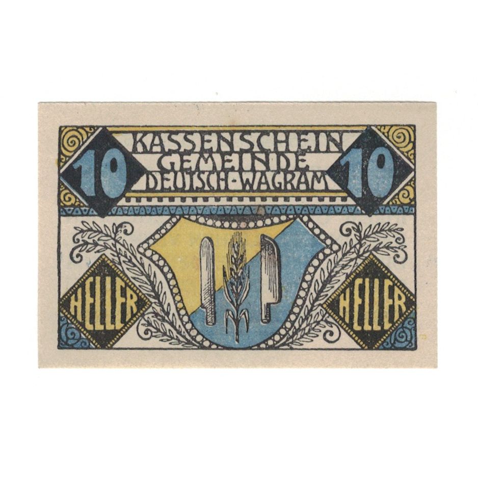 Banconote, Austria, Deutsch-Wagram N.Ö. Gemeinde, 10 Heller, Texte, 1920