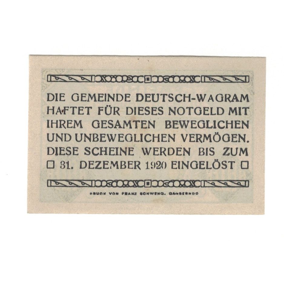 Banconote, Austria, Deutsch-Wagram N.Ö. Gemeinde, 10 Heller, Texte, 1920
