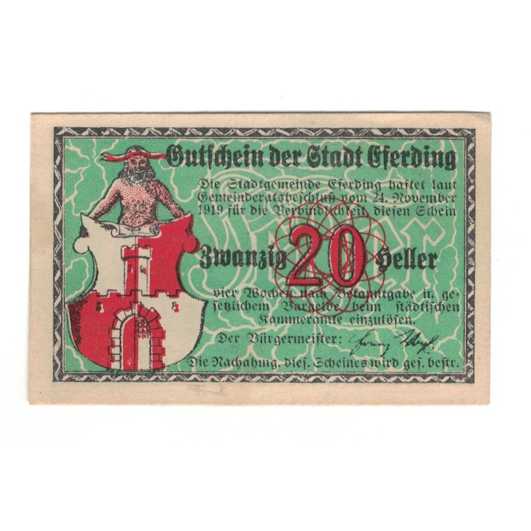 Billet, Autriche, Eferding O.Ö. Stadtgemeinde, 20 Heller, paysage, 1919