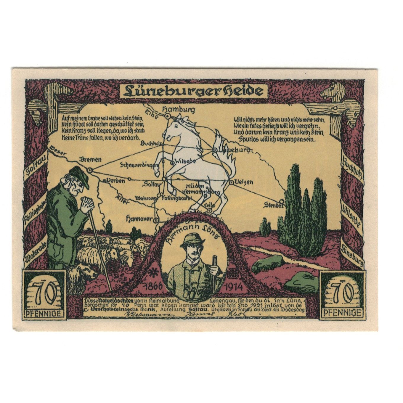 Banconote, Germania, Soltau Heimatbund Lohengau, 70 Pfennig, Foret, 1921, SPL-