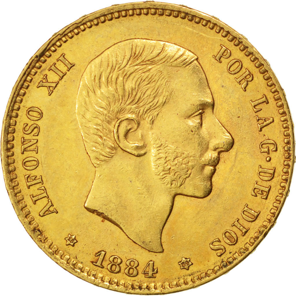 SPAIN, 25 Pesetas, 1884, Madrid, KM #687, AU(55-58), Gold, 8.07