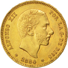 SPAIN, 25 Pesetas, 1884, Madrid, KM #687, AU(55-58), Gold, 8.07