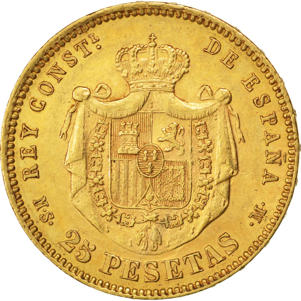 SPAIN, 25 Pesetas, 1884, Madrid, KM #687, AU(55-58), Gold, 8.07