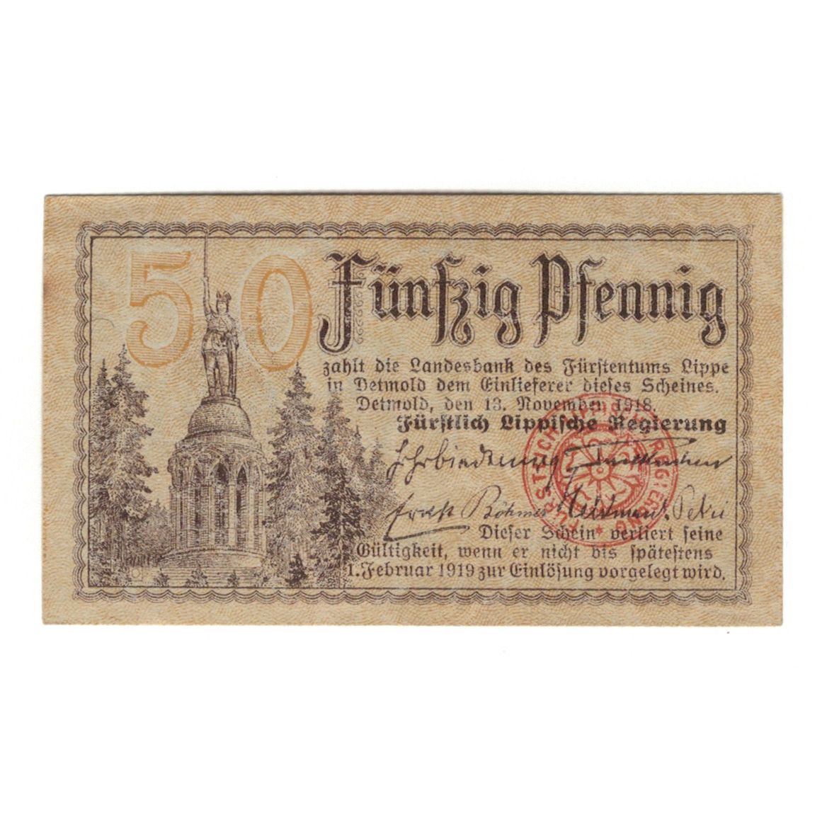 Banknote, Germany, Lippe Fürstlich Lippische Regierung in Detmold, 50 Pfennig