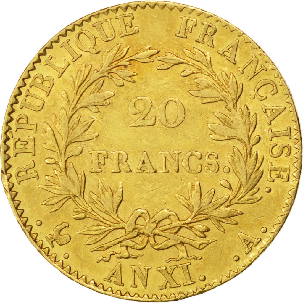 FRANCE, Napoléon I, 20 Francs, 1802, Paris, KM #651, AU(50-53), Gold, Gadoury #.