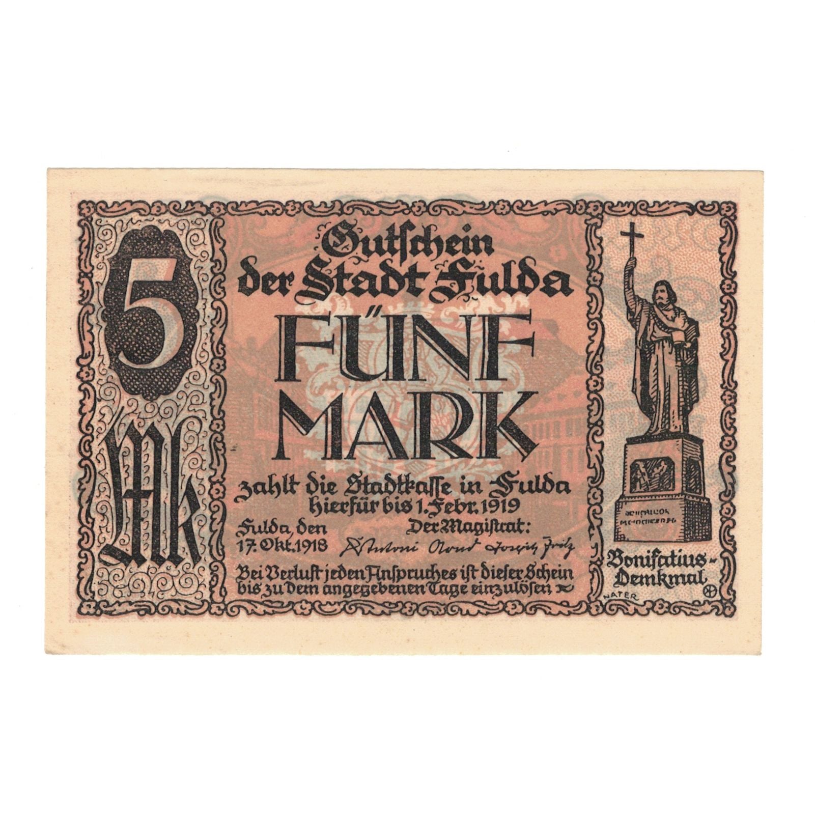 Banknote, Germany, Fulda Stadt, 5 Mark, maison 1, 1919, 1919-02-01, UNC(65-70)