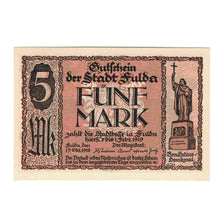 Banknote, Germany, Fulda Stadt, 5 Mark, Monument, 1919, 1919-02-01, UNC(65-70)