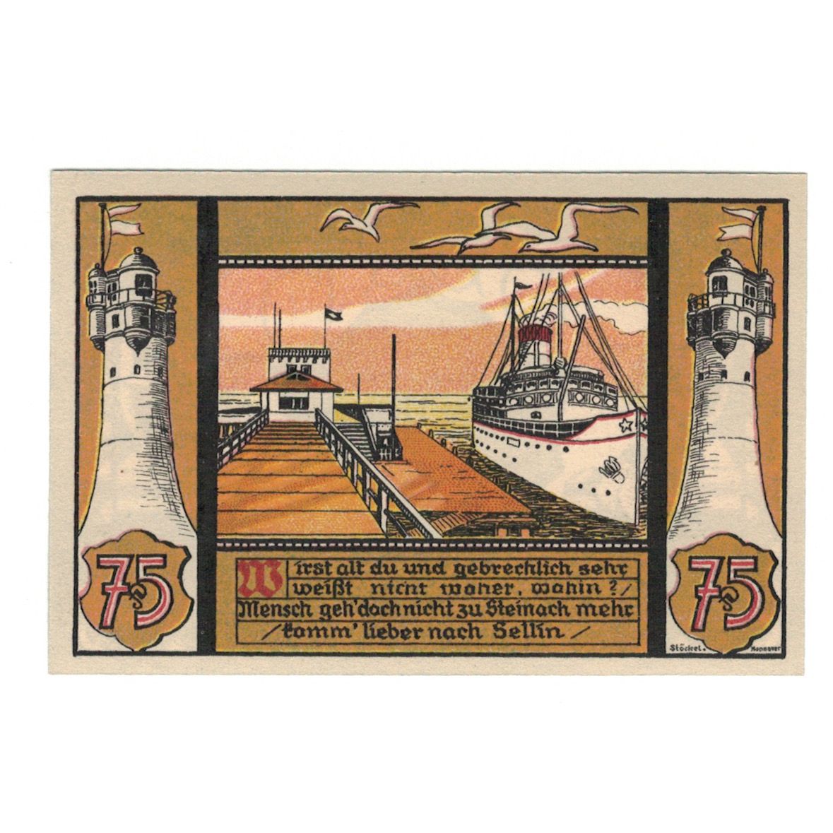Banknote, Germany, Sellin a. Rugen Gemeinde, 75 Pfennig, bateau, 1922
