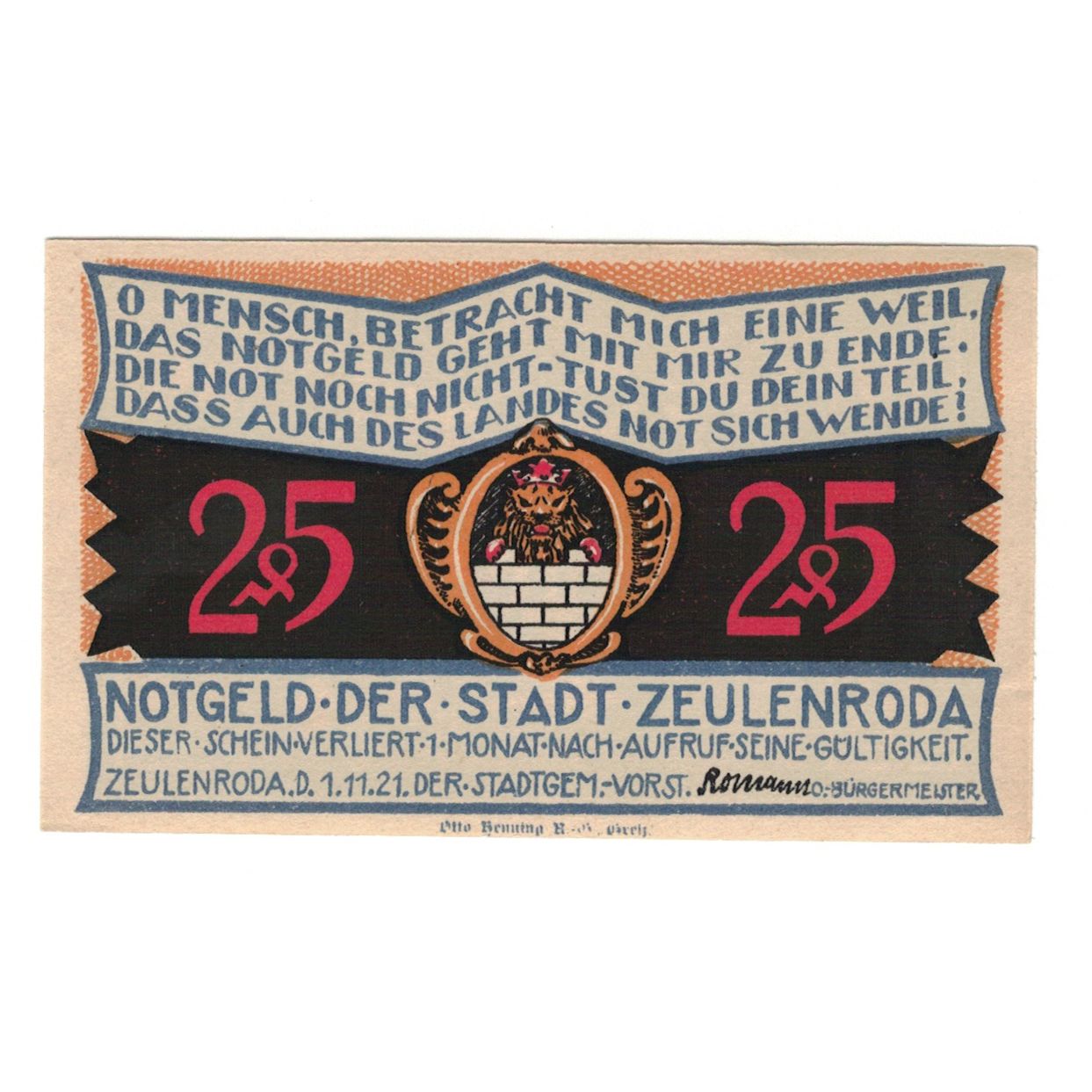 Banknote, Germany, Zeulenroda Stadt, 25 Pfennig, village, 1921, 1921-11-01