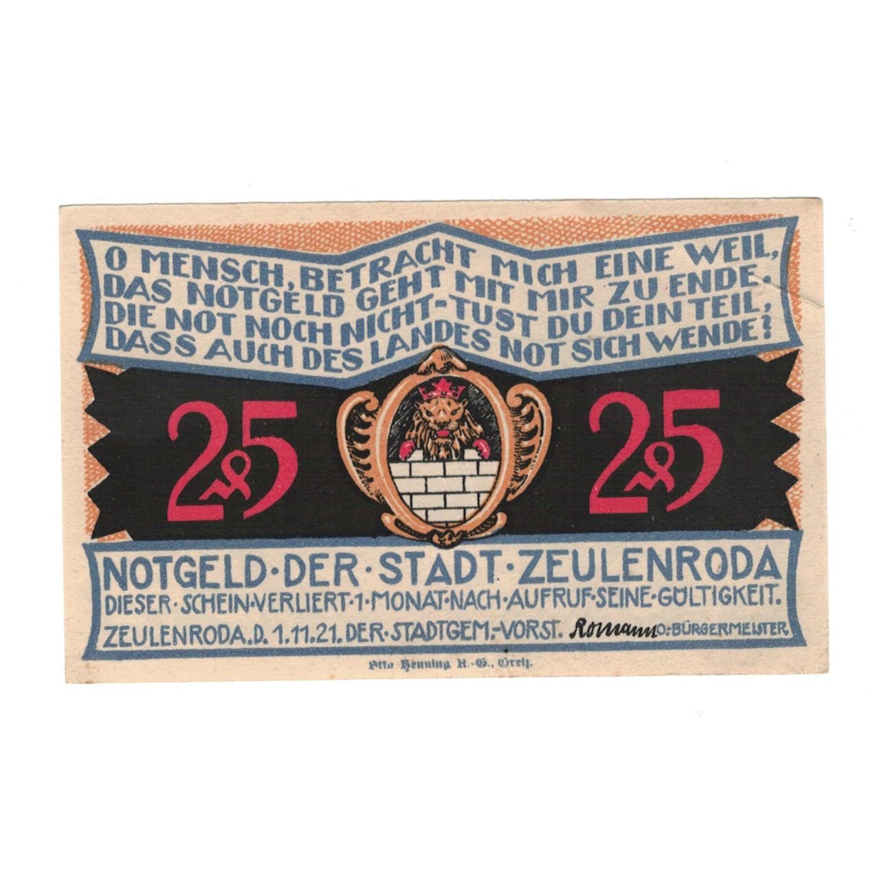 Banknote, Germany, Zeulenroda Stadt, 25 Pfennig, village, 1921, 1921-11-01