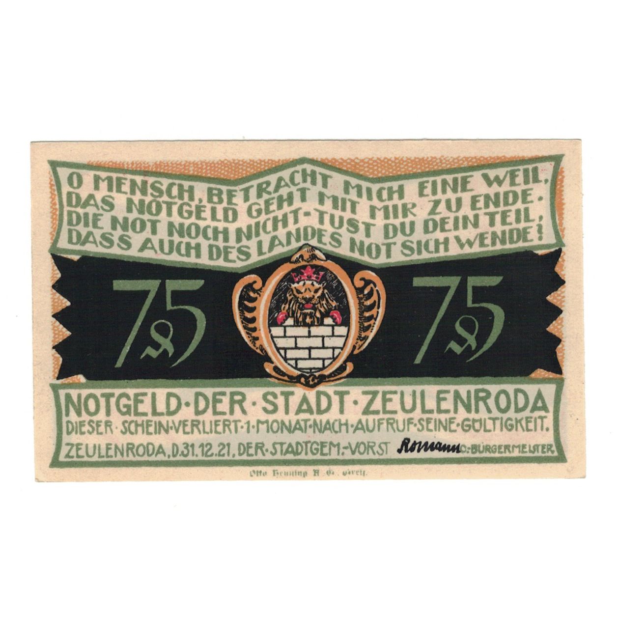 Banknote, Germany, Zeulenroda Stadt, 75 Pfennig, village, 1921, 1921-11-01