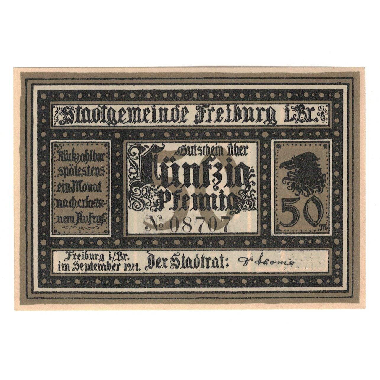 Banknote, Germany, Freiburg i. Br. Stadt, 50 Pfennig, rue, 1921, UNC(65-70)