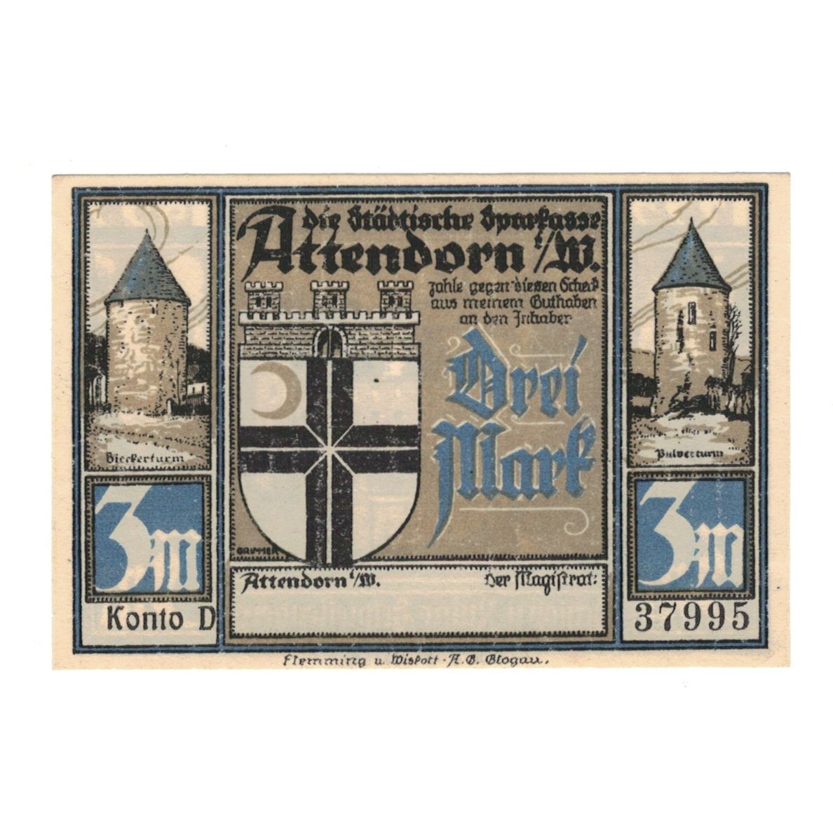 Banknote, Germany, Attendorn Magistrat, 3 Mark, Monument, 1922, UNC(65-70)