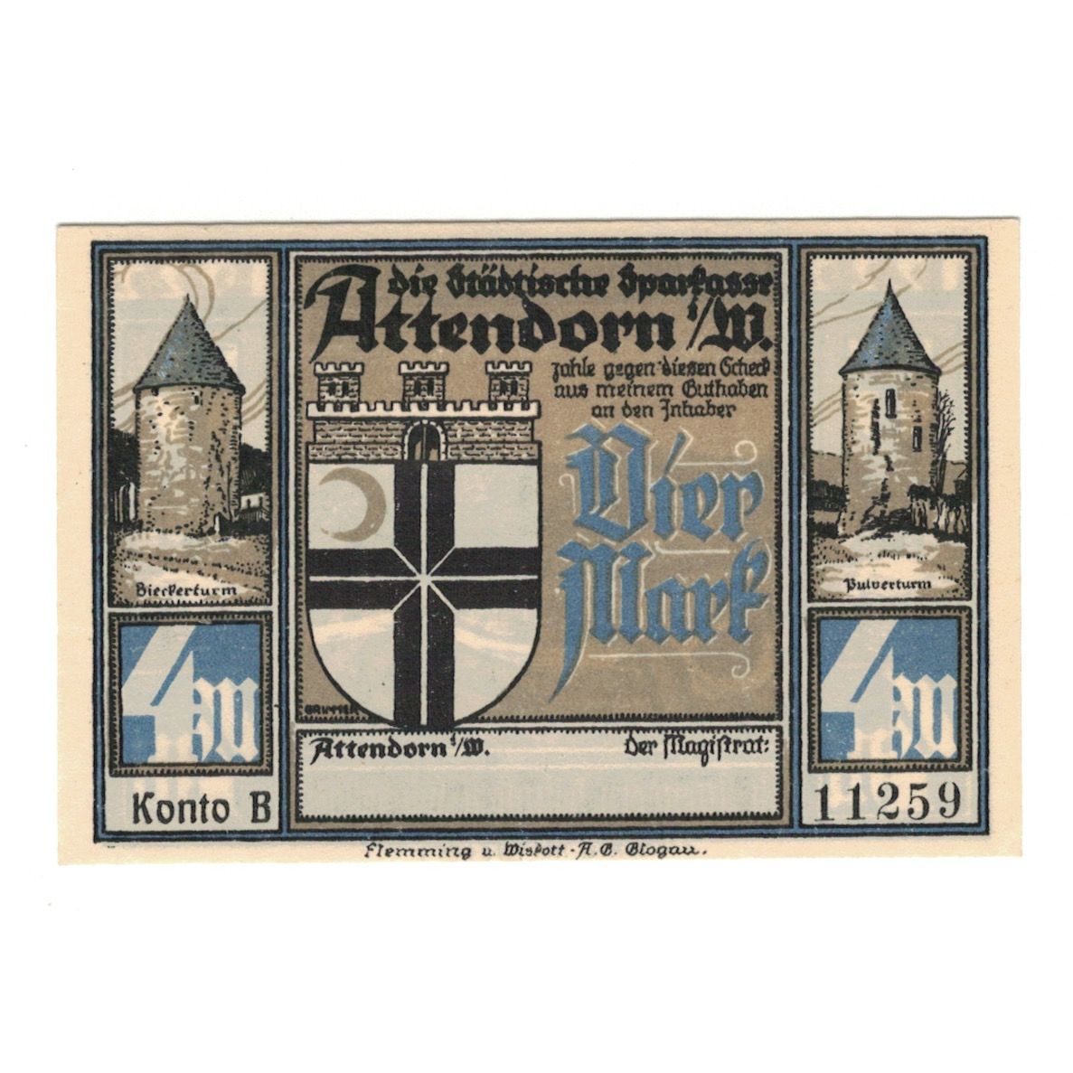 Banknote, Germany, Attendorn Magistrat, 4 Mark, paysage, 1922, UNC(65-70)