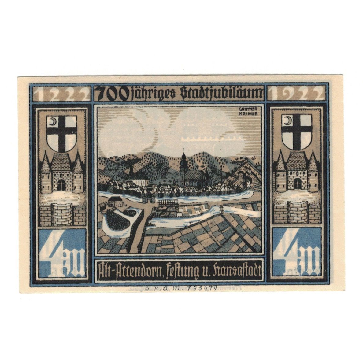 Banknote, Germany, Attendorn Magistrat, 4 Mark, paysage, 1922, UNC(65-70)