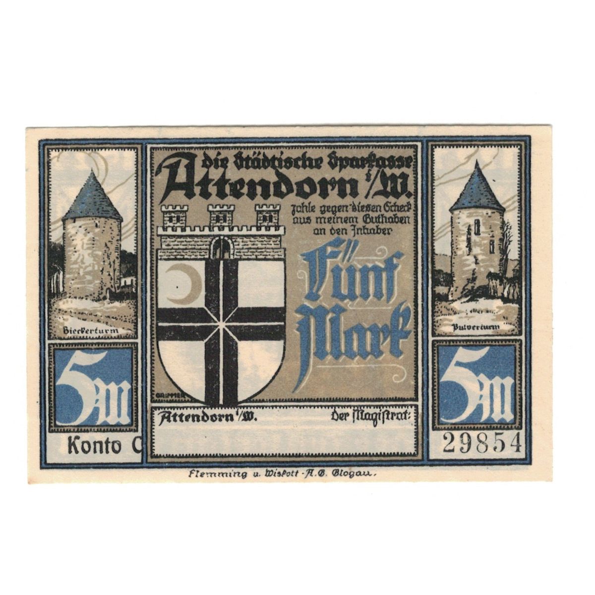 Billet, Allemagne, Attendorn Magistrat, 5 Mark, personnage, 1922, NEUF