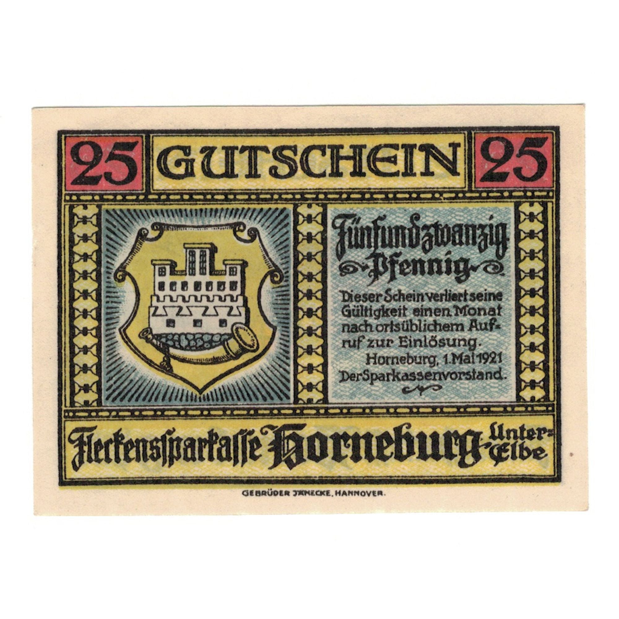 Banknote, Germany, Horneburg Fleckenssparkasse, 25 Pfennig, Maison, 1921