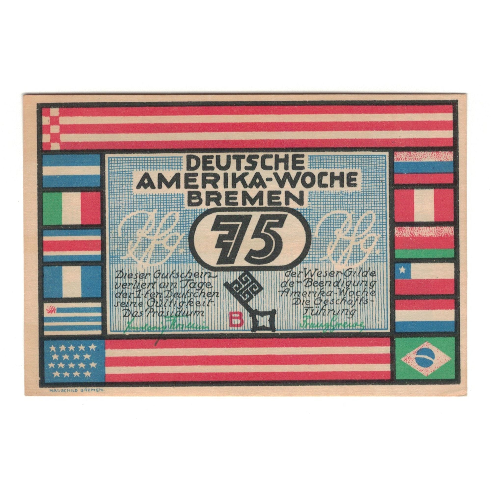 Banknote, Germany, Bremen Deutsche Amerika Woche, 75 Pfennig, paysage, 1922