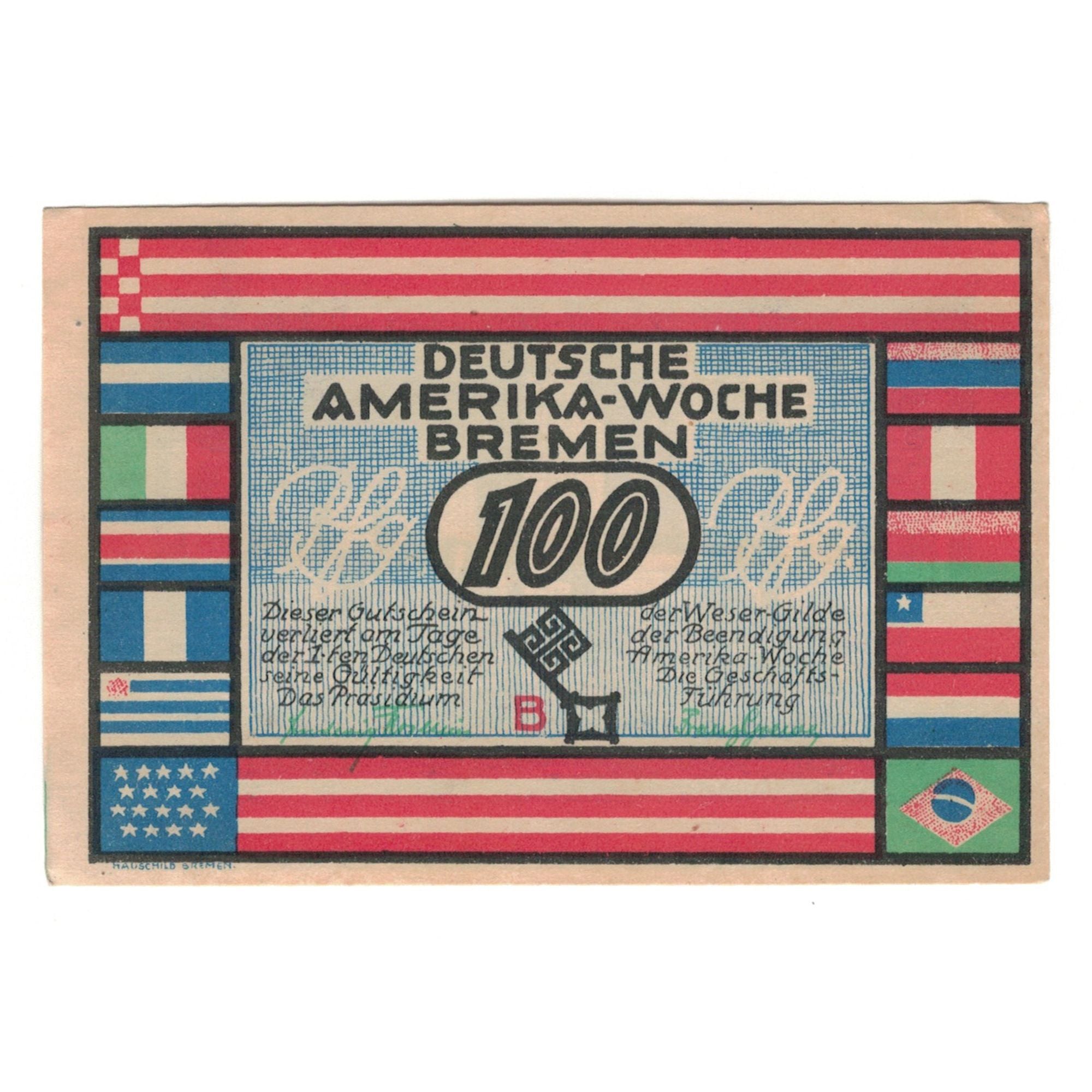 Banknote, Germany, Bremen Deutsche Amerika Woche, 100 Pfennig, paysage, 1922