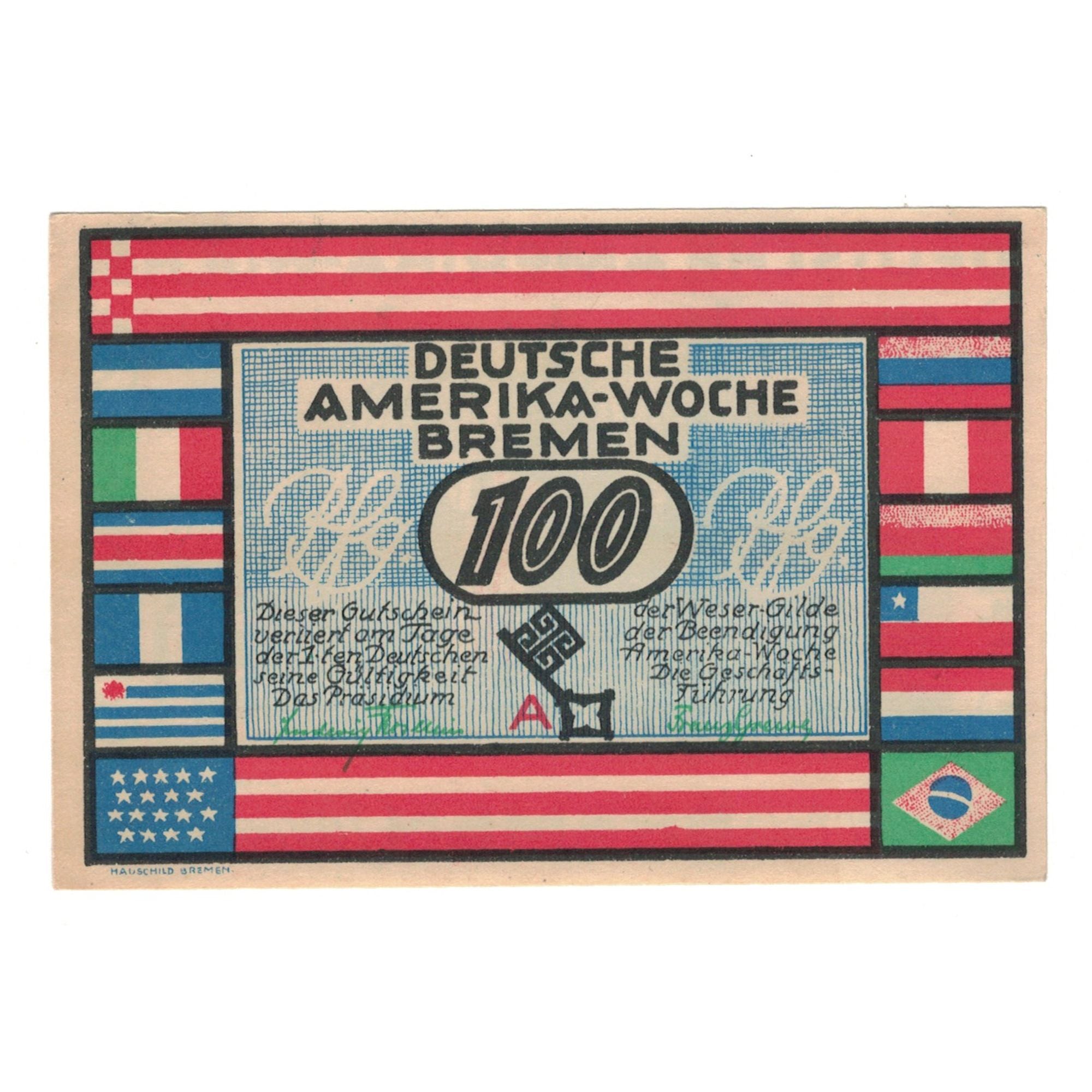 Banknote, Germany, Bremen Deutsche Amerika Woche, 100 Pfennig, paysage, 1922