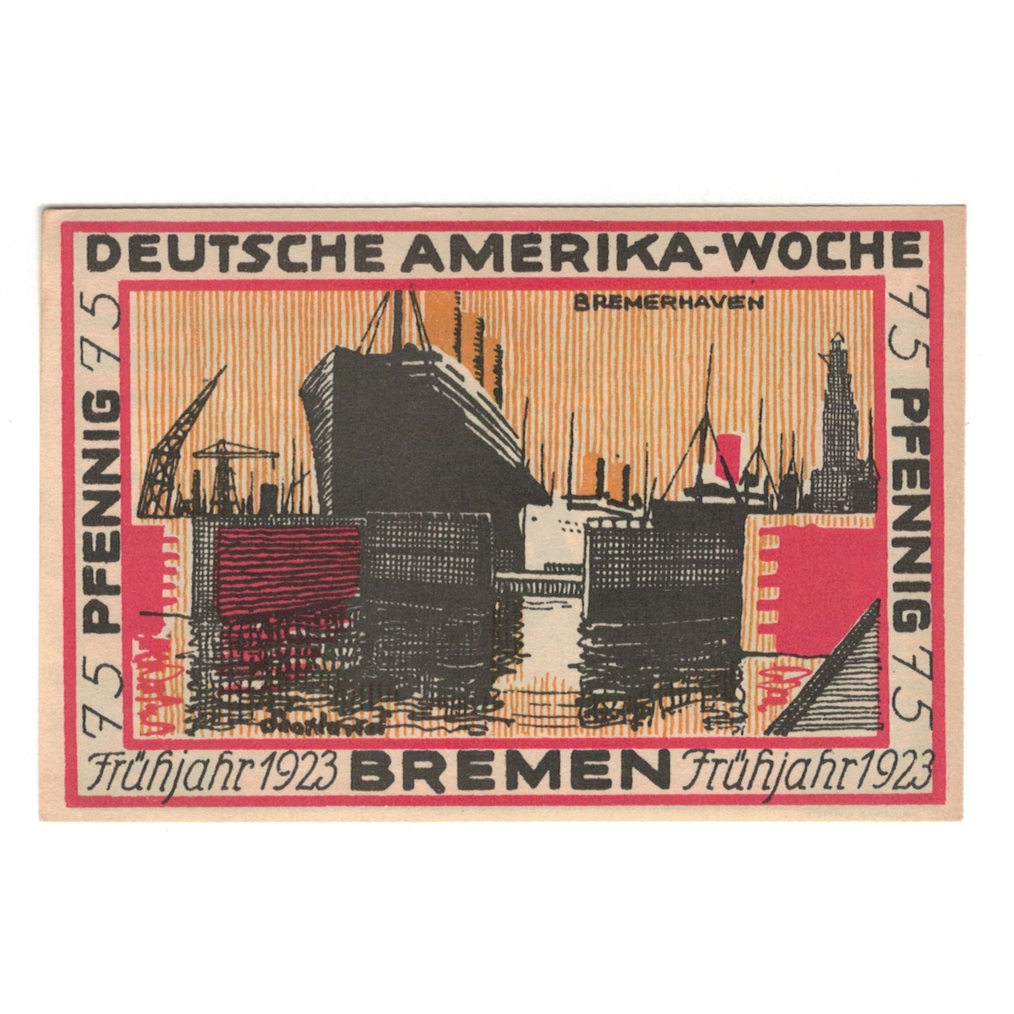 Banknote, Germany, Bremen Deutsche Amerika Woche, 75 Pfennig, paysage, 1922