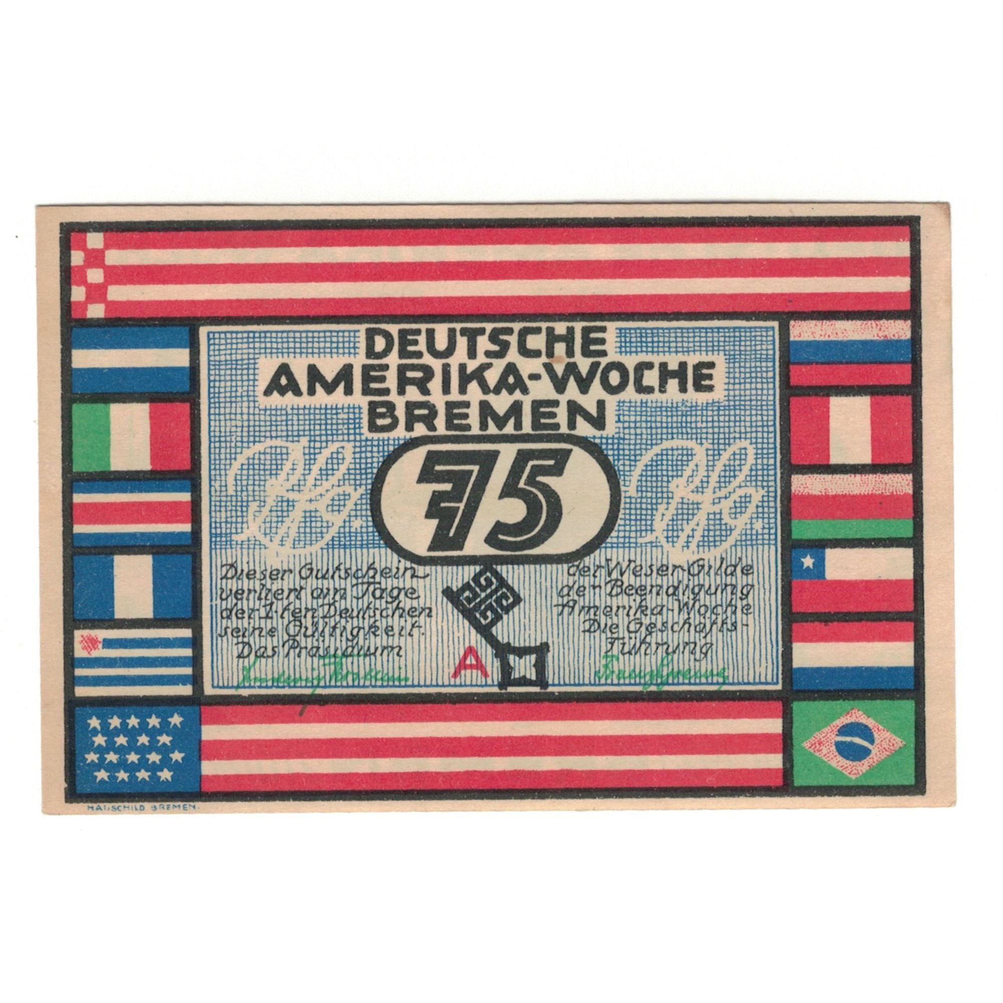 Banknote, Germany, Bremen Deutsche Amerika Woche, 75 Pfennig, paysage, 1922