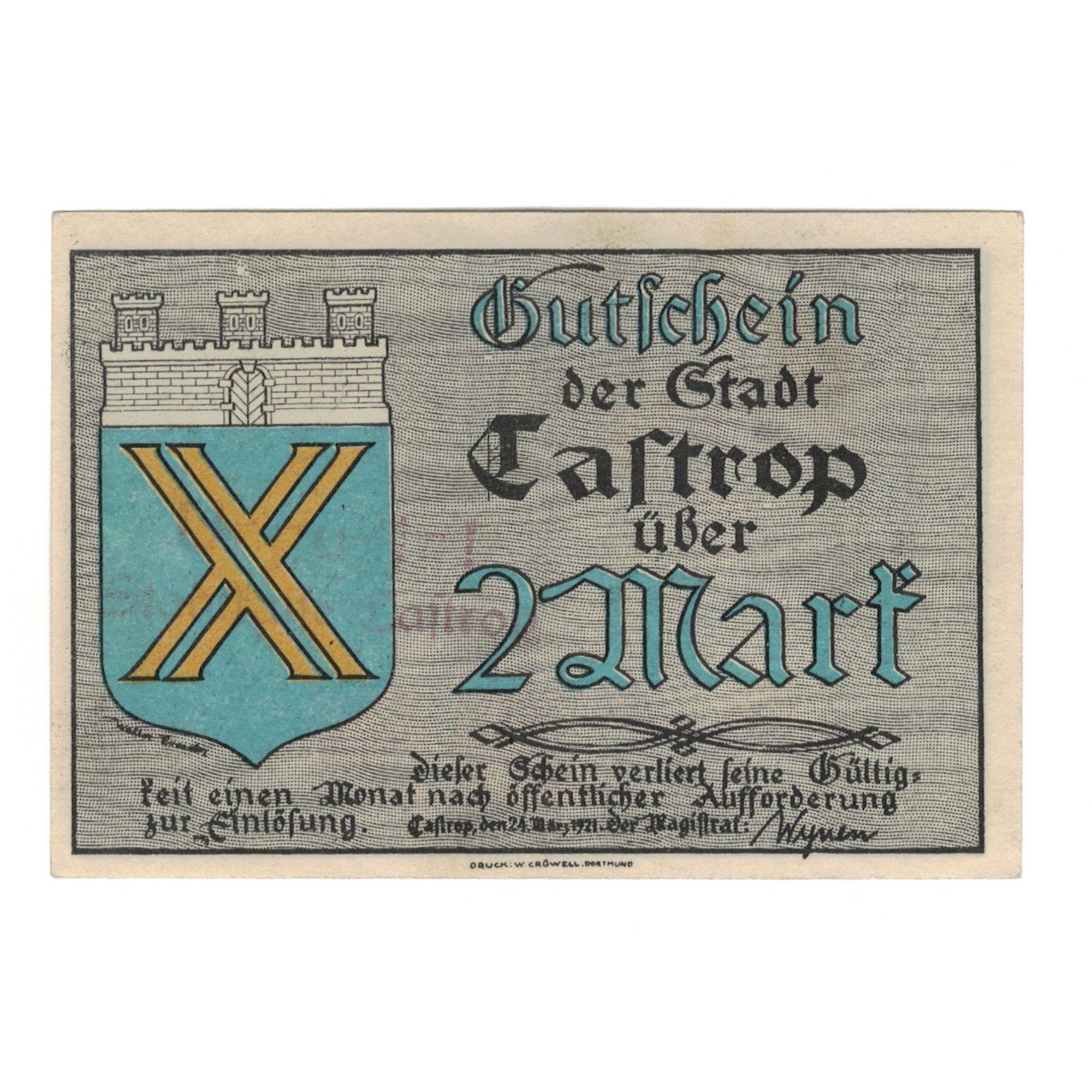 Banknote, Germany, Castrop Stadt, 2 Mark, personnage, 1921, 1921-03-24