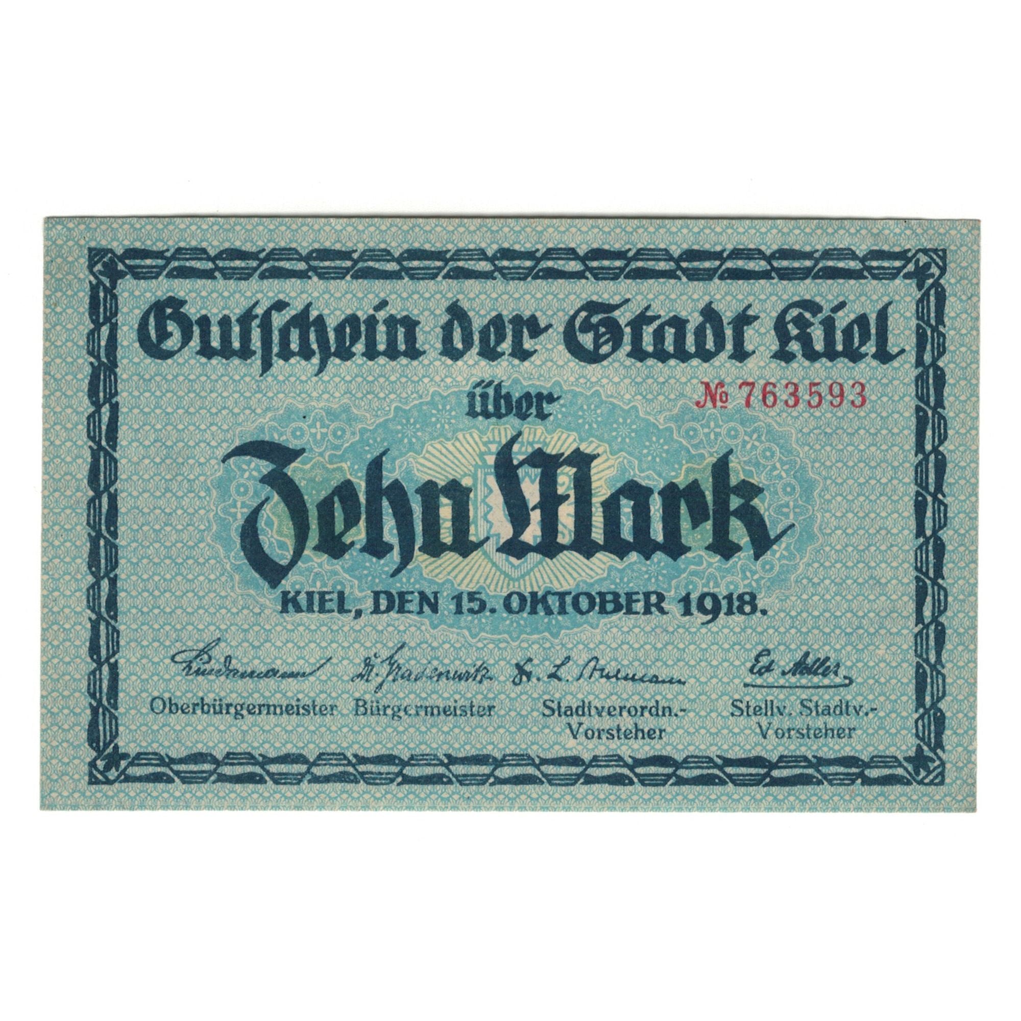 Banknote, Germany, KIEHL, 10 Mark, Monument, 1919, 1919-05-01, UNC(65-70)