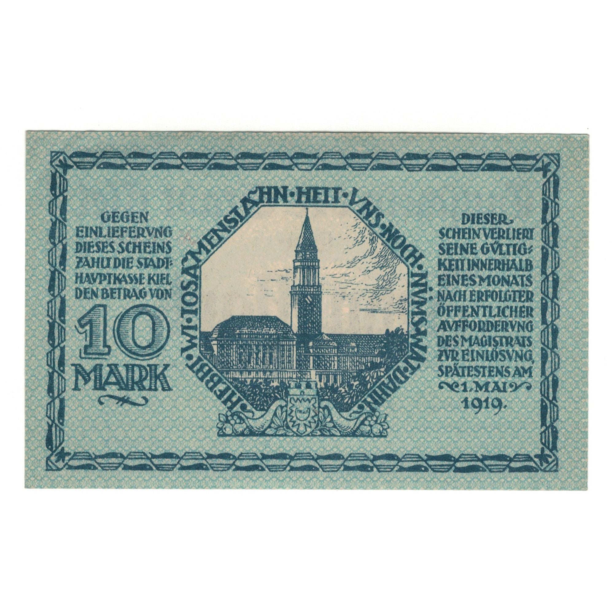Banknote, Germany, KIEHL, 10 Mark, Monument, 1919, 1919-05-01, UNC(65-70)