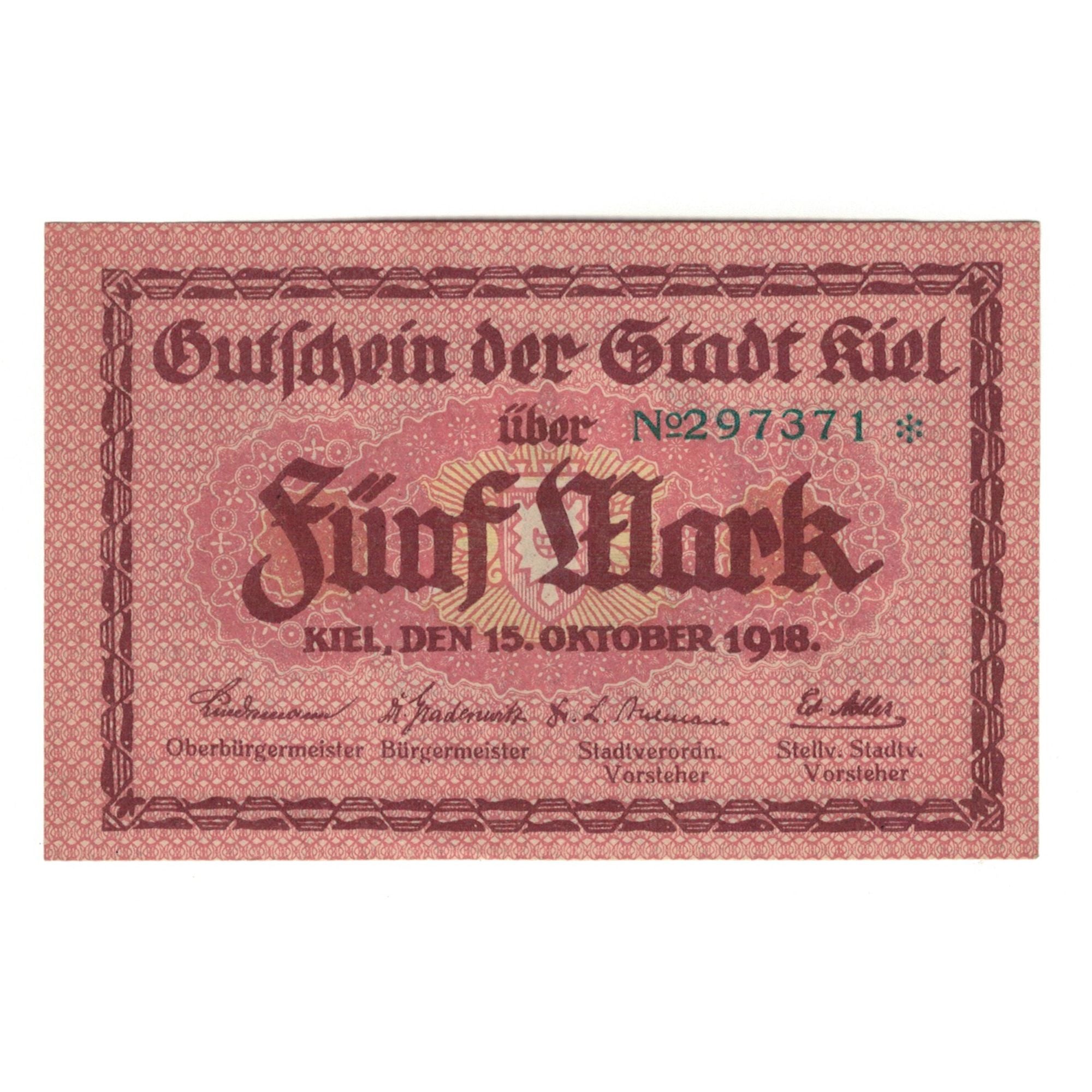 Banknote, Germany, KIEHL, 5 Mark, Monument, 1919, 1919-05-01, UNC(65-70)