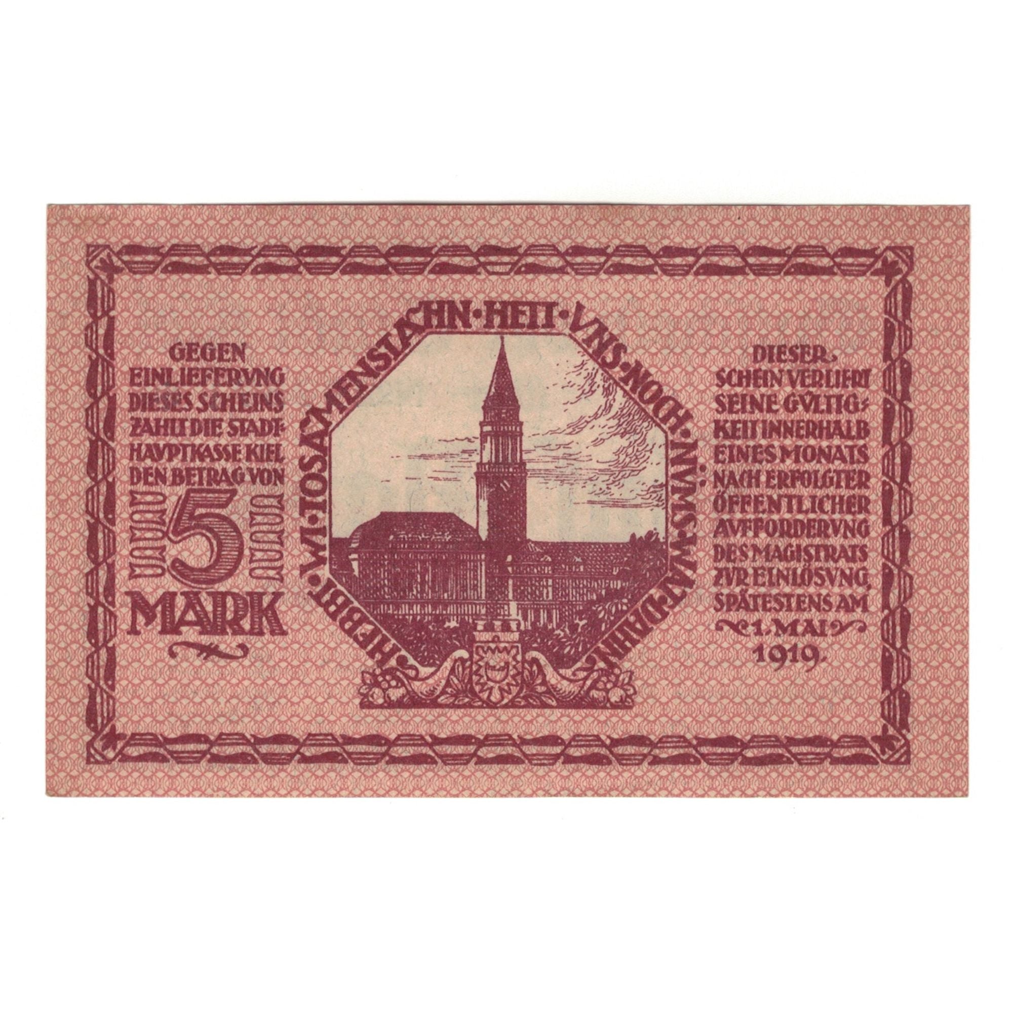 Banknote, Germany, KIEHL, 5 Mark, Monument, 1919, 1919-05-01, UNC(65-70)