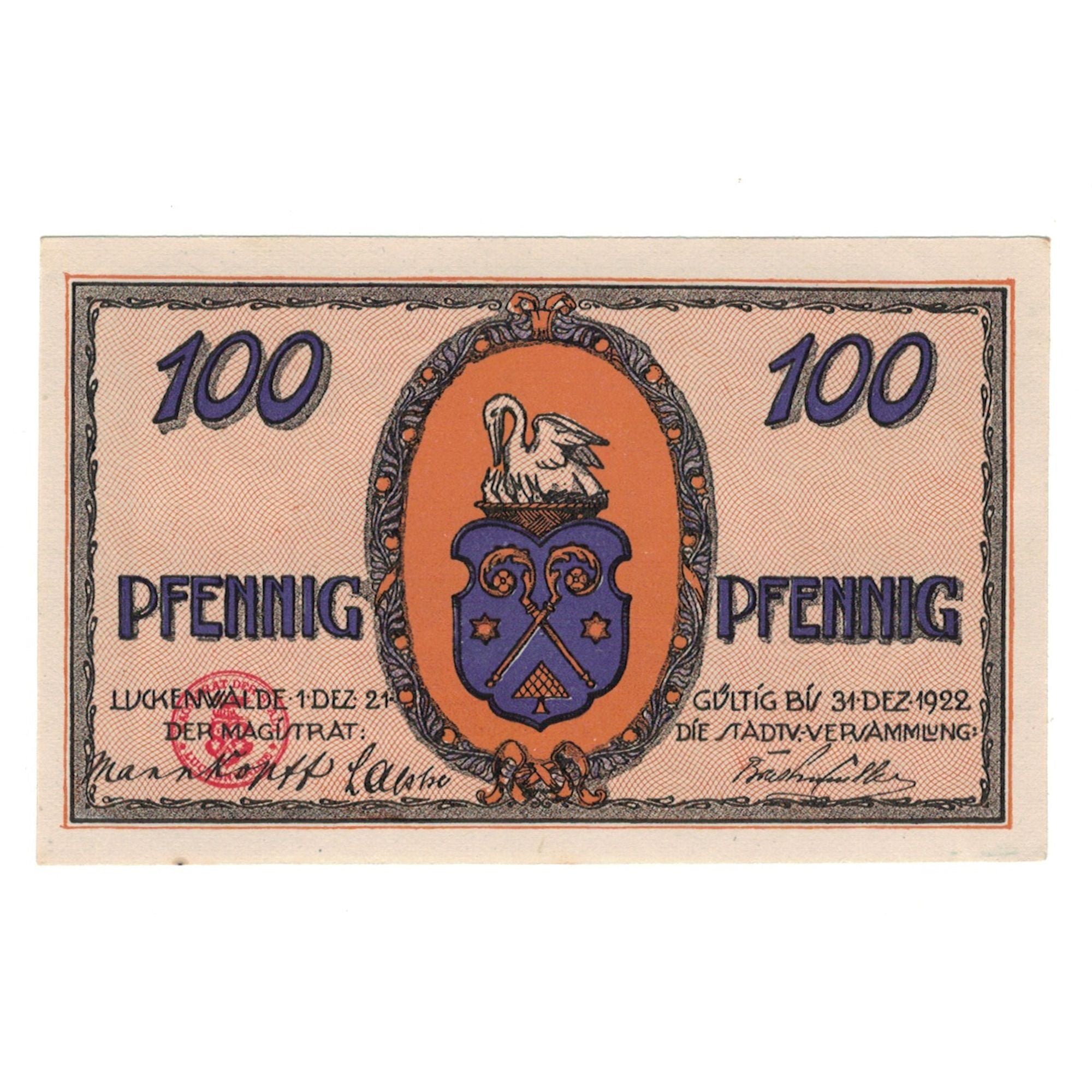 Banknote, Germany, Luckenwalde Stadt, 100 Pfennig, Blason, 1922, 1922-12-31