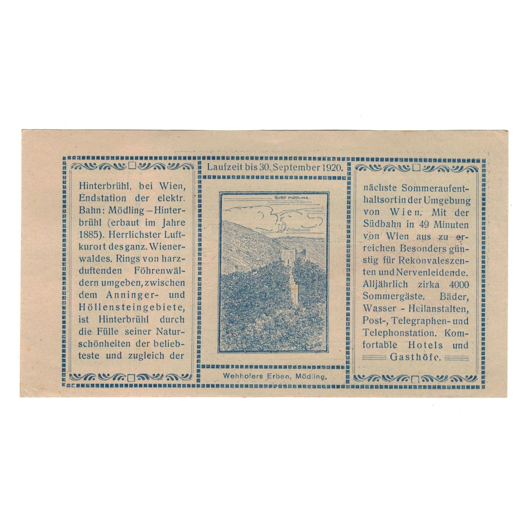 Banknote, Austria, Hinterbrühl N.Ö. Gemeinde, 80 Heller, village, 1920