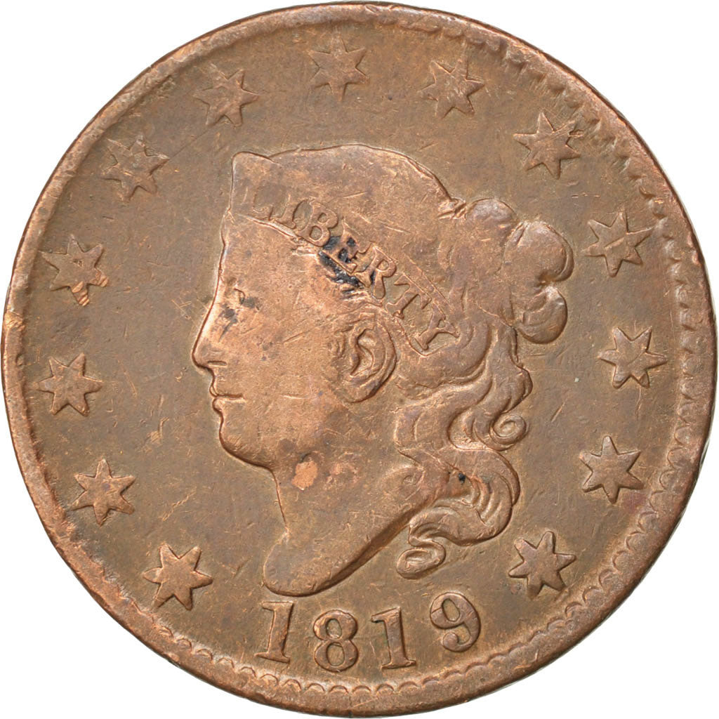 UNITED STATES, Coronet Cent, Cent, 1819, U.S. Mint, KM #45, VF(30-35), Copper,..